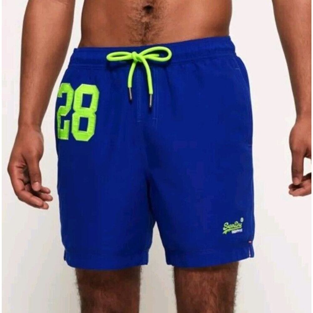 Superdry Swim Trunks Mens 2XL‎ Waterpolo Shorts Swimsuit Blue Logo Numbers